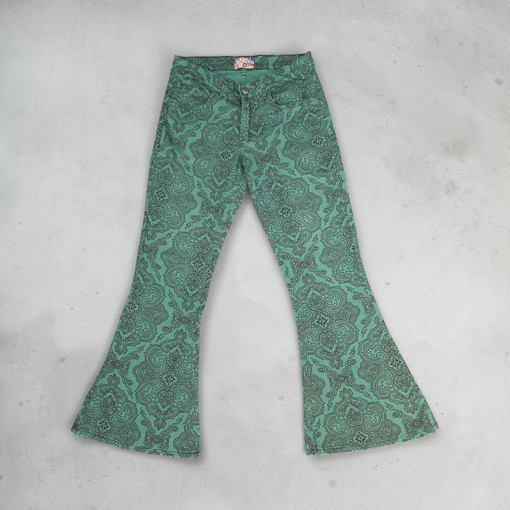 Madcap England 60’s Retro Boho Paisley Green Brown Flare Pants Denim Stretch